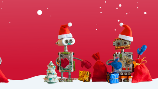 Robots wearing Christmas hats