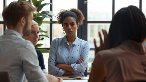 A female employee is standing in a conference room, and a male coworker is interrupting her with a dismissive or inappropriate comment