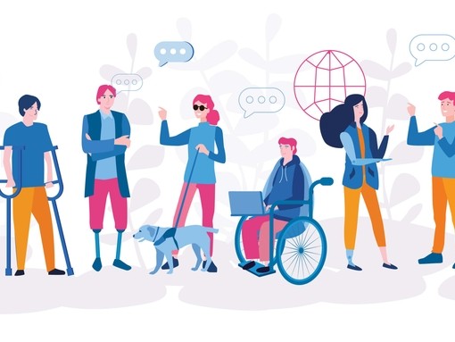 Cartoon graphic, people with different accessibility aids