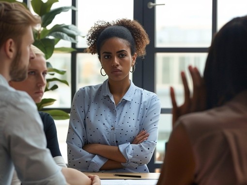 A female employee is standing in a conference room, and a male coworker is interrupting her with a dismissive or inappropriate comment