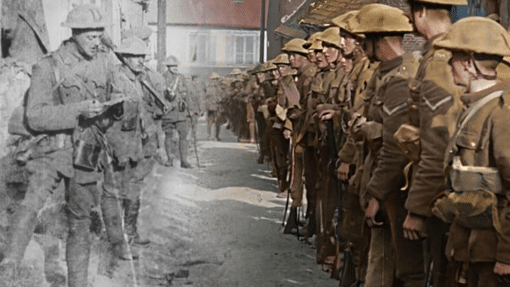 Black and white photograph of soldiers in WW1 restored and coloured in