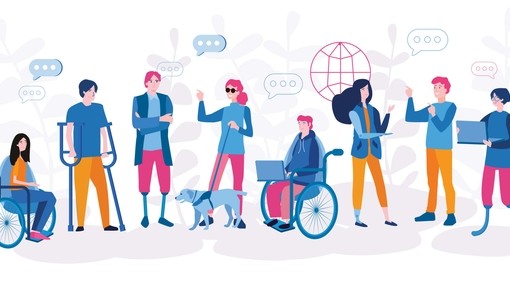 Cartoon graphic, people with different accessibility aids