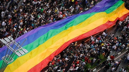 A giant rainbow flag at the Gay Pride Parade in Sao Paulo, Brazil